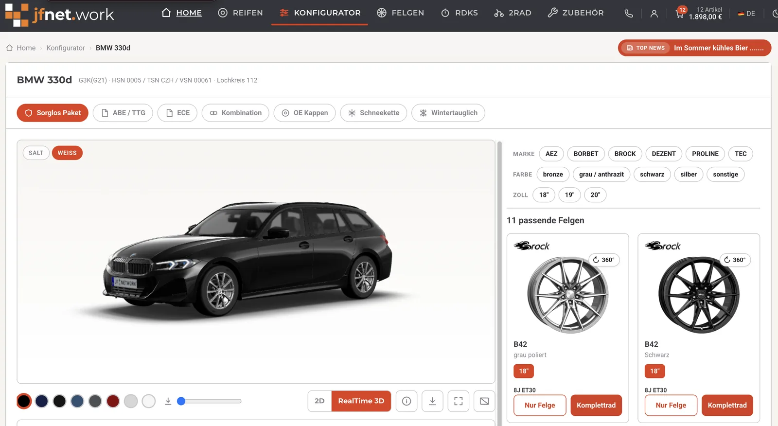 Konfigurator mit BMW 330d in 3D-Ansicht, Felgenauswahl nach Marke, Farbe und Zoll