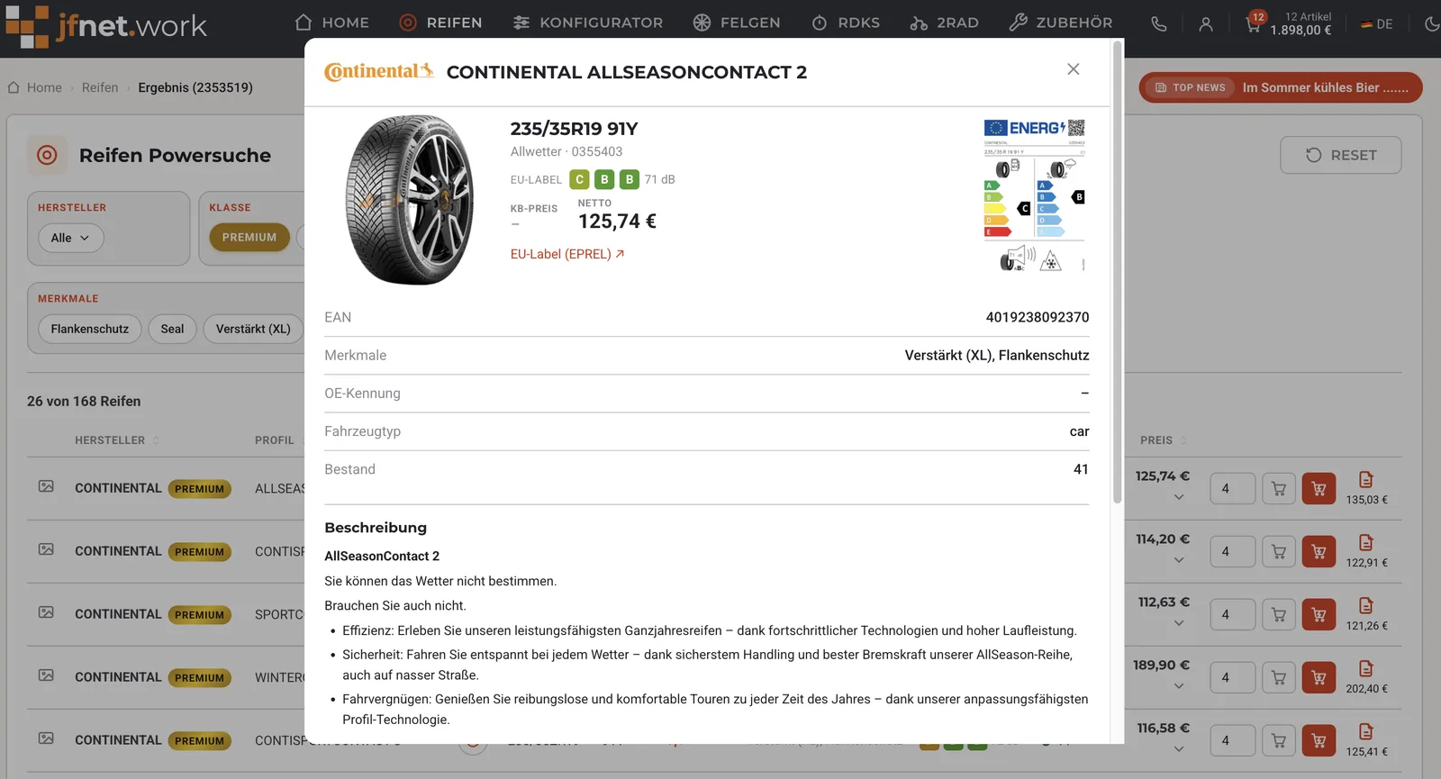 Reifen-Powersuche in einem jfnetwork-Shop mit Filtern, EU-Label und Produktdetails
